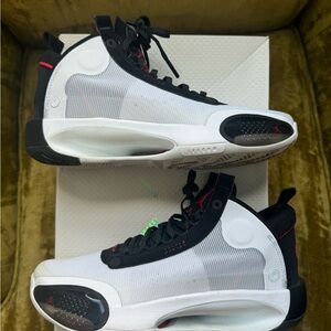 Jordan XXXIV White, Red, and Black Sneakers. GS 6/ women’s 8.